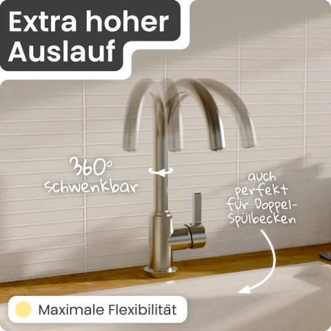 instmaier Niederdruck Küchenarmatur Leona | 360° schwenkbar | Wasserhahn Küche | Spültischarmatur Edelstahlfarben | Hoher Auslauf | mit Zentralverschraubung