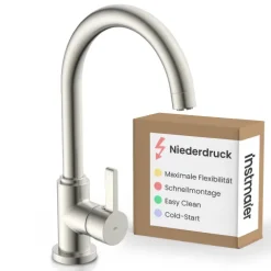 instmaier Niederdruck Küchenarmatur Leona | 360° schwenkbar | Wasserhahn Küche | Spültischarmatur Edelstahlfarben | Hoher Auslauf | mit Zentralverschraubung