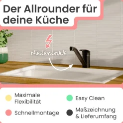 instmaier Niederdruck Küchenarmatur Vera | 360° schwenkbar | Wasserhahn Küche | Spültischarmatur Schwarz Matt | mit Zentralverschraubung