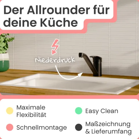 instmaier Niederdruck Küchenarmatur Vera | 360° schwenkbar | Wasserhahn Küche | Spültischarmatur Schwarz Matt | mit Zentralverschraubung