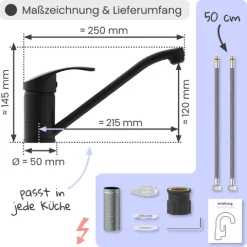 instmaier Niederdruck Küchenarmatur Vera | 360° schwenkbar | Wasserhahn Küche | Spültischarmatur Schwarz Matt | mit Zentralverschraubung