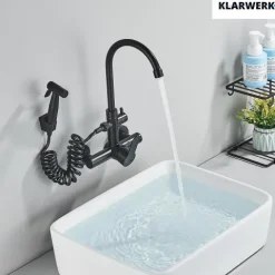 JULIE | Gastronomie Mischbatterie Wandmontage Armatur Silber | Profi Küchenarmatur Edelstahl mit Handbrause | Wasserhahn Restaurant Wand hoher Auslauf