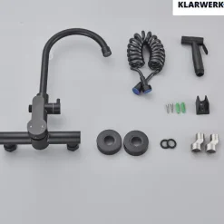 JULIE | Gastronomie Mischbatterie Wandmontage Armatur Silber | Profi Küchenarmatur Edelstahl mit Handbrause | Wasserhahn Restaurant Wand hoher Auslauf