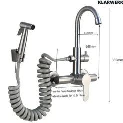 JULIE | Gastronomie Mischbatterie Wandmontage Armatur Silber | Profi Küchenarmatur Edelstahl mit Handbrause | Wasserhahn Restaurant Wand hoher Auslauf