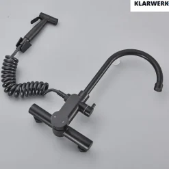 JULIE | Gastronomie Mischbatterie Wandmontage Armatur Silber | Profi Küchenarmatur Edelstahl mit Handbrause | Wasserhahn Restaurant Wand hoher Auslauf