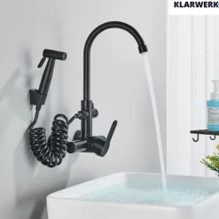 JULIE | Gastronomie Mischbatterie Wandmontage Armatur Silber | Profi Küchenarmatur Edelstahl mit Handbrause | Wasserhahn Restaurant Wand hoher Auslauf