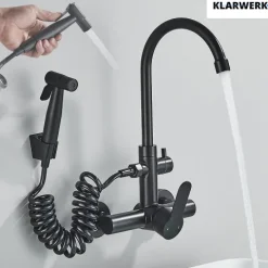 JULIE | Gastronomie Mischbatterie Wandmontage Armatur Silber | Profi Küchenarmatur Edelstahl mit Handbrause | Wasserhahn Restaurant Wand hoher Auslauf