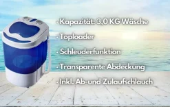 JUNG ADLER AD8051 Mini Waschmaschine mit Schleuder blau, Waschautomat bis 3 KG, Reisewaschmaschine, Miniwaschmaschine, Camping Mobile Waschmaschine, Toploader (1 Kammer)