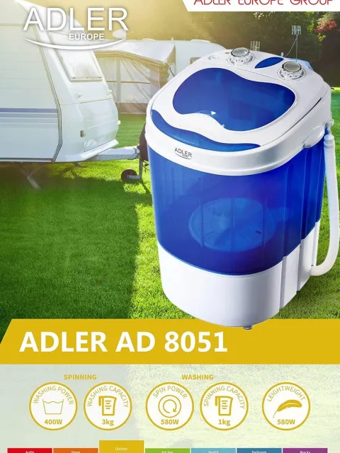JUNG ADLER AD8051 Mini Waschmaschine mit Schleuder blau, Waschautomat bis 3 KG, Reisewaschmaschine, Miniwaschmaschine, Camping Mobile Waschmaschine, Toploader (1 Kammer)