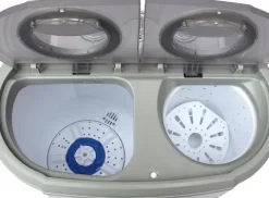 JUNG CAMRY CR8052 Mini Waschmaschine mit Schleuder weiss/grau, Waschautomat bis 3 KG, 2 Kammer Reisewaschmaschine, Miniwaschmaschine, Camping Mobile Waschmaschine, Toploader