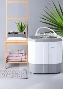JUNG CAMRY CR8052 Mini Waschmaschine mit Schleuder weiss/grau, Waschautomat bis 3 KG, 2 Kammer Reisewaschmaschine, Miniwaschmaschine, Camping Mobile Waschmaschine, Toploader