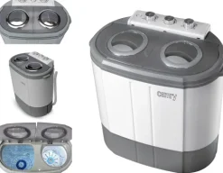 JUNG CAMRY CR8052 Mini Waschmaschine mit Schleuder weiss/grau, Waschautomat bis 3 KG, 2 Kammer Reisewaschmaschine, Miniwaschmaschine, Camping Mobile Waschmaschine, Toploader