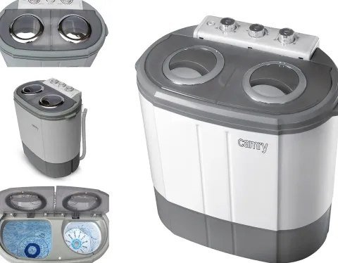 JUNG CAMRY CR8052 Mini Waschmaschine mit Schleuder weiss/grau, Waschautomat bis 3 KG, 2 Kammer Reisewaschmaschine, Miniwaschmaschine, Camping Mobile Waschmaschine, Toploader