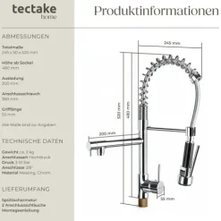 Küchenarmatur tectake inklusive 2 Anschlussschläuche Hochdruck grau