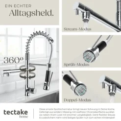Küchenarmatur tectake inklusive 2 Anschlussschläuche Hochdruck grau