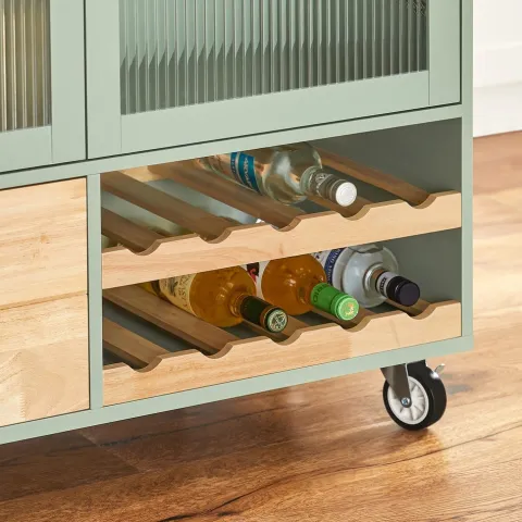 Kücheninsel auf Rollen mit 2 Glastüren und grüner Arbeitsplatte FKW114-GR