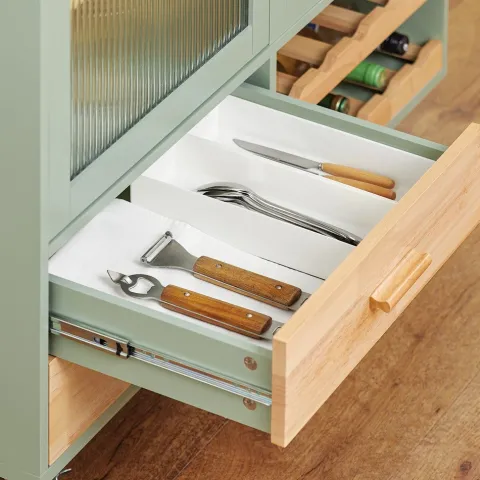 Kücheninsel auf Rollen mit 2 Glastüren und grüner Arbeitsplatte FKW114-GR