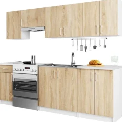 Küchenmöbelset AKORD LIMA Weiß 240 cm 11 Turen Schublade 12 Ebenen Front Sonoma-Eiche B240 x H203 x T44,5 cm
