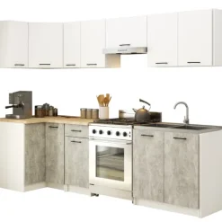 Küchenmöbelset AKORD OLIWIA Weiß 300 cm 11 Turen Schublade 16 Ebenen Front Beton B300 x H203 x T46 cm