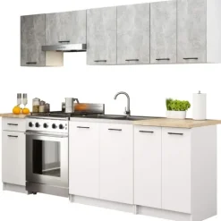 Küchenmöbelset AKORD OLIWIA Beton 240 cm 11 Turen Schublade 12 Ebenen Front Weiß B240 x H203 x T46 cm