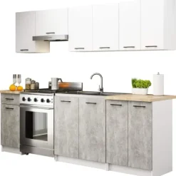 Küchenmöbelset AKORD OLIWIA Weiß 240 cm 11 Turen Schublade 12 Ebenen Front Beton B240 x H203 x T46 cm