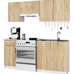 Küchenmöbelset AKORD LIMA Weiß 180 cm 7 Turen Schublade 8 Ebenen Front Sonoma-Eiche B180 x H203 x T44,5 cm