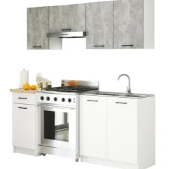 Küchenmöbelset AKORD OLIWIA Beton 180 cm 7 Turen Schublade 8 Ebenen Front Weiß B180 x H203 x T46 cm