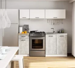 Küchenmöbelset AKORD OLIWIA G1 Weiß 180 cm 6 Turen Schublade 6 Ebenen Front Beton B180 x H174 x T46 cm