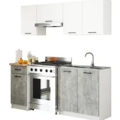 Küchenmöbelset AKORD OLIWIA Weiß 180 cm 7 Turen Schublade 8 Ebenen Front Beton B180 x H203 x T46 cm