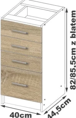 Küchenschrank AKORD LIMA modular S40 Schubladenunterschrank Weiß 40 cm 4 Schubladen Front Sonoma-Eiche B40 x H82 x T44,5 cm