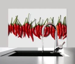 Küchen Spritzschutz | Küchenrückwand | Alu-DiBond | Fliesenschutz für den Herd und Spüle | Küche | Küchenfliesen | Fliesenspiegel | Rückwand, Größe: 60 x 40 x 0.3 cm Küchenrückwand und Spritzschutz Chili