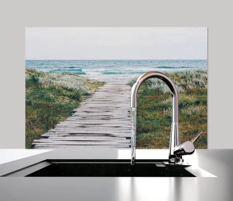 Küchen Spritzschutz | Küchenrückwand | Alu-DiBond | Fliesenschutz für den Herd und Spüle | Küche | Küchenfliesen | Fliesenspiegel | Rückwand, Größe: 60 x 40 x 0.3 cm Küchenrückwand und Spritzschutz Steg zum Meer