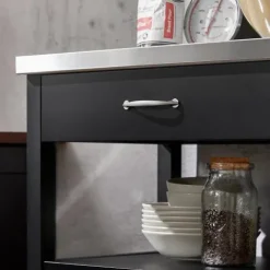 Küchenwagen mit Arbeitsplatte, Rollen und schwarzem Holzregal FKW22-SCH
