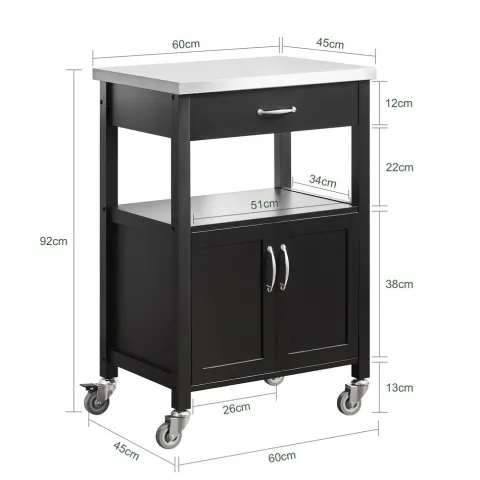 Küchenwagen mit Arbeitsplatte, Rollen und schwarzem Holzregal FKW22-SCH