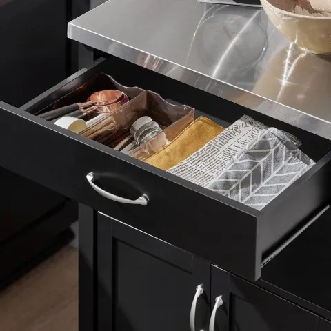 Küchenwagen mit Arbeitsplatte, Rollen und schwarzem Holzregal FKW22-SCH