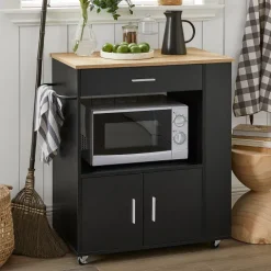 Küchenwagen mit Rollen, Arbeitsplatte und Mikrowellenschrank in Holz Schwarz FKW113-SCH