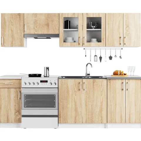 Küchenzeile LIMA 2.4m Modulares Weiß 240 cm 11 Türen 1 Schublade Front Sonoma Eiche B240xH203xT44,5 cm