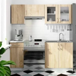 Küchenzeile LIMA 1.8m Modulares Weiß 180 cm 7 Türen 1 Schublade Front Sonoma Eiche 8 Regalböden B180xH203xT44,5 cm