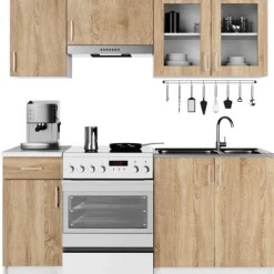Küchenzeile LIMA 1.8m Modulares Weiß 180 cm 7 Türen 1 Schublade Front Sonoma Eiche 8 Regalböden B180xH203xT44,5 cm