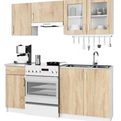 Küchenzeile LIMA 1.8m Modulares Weiß 180 cm 7 Türen 1 Schublade Front Sonoma Eiche 8 Regalböden B180xH203xT44,5 cm