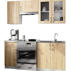 Küchenzeile LIMA 1.8m Modulares Weiß 180 cm 7 Türen 1 Schublade Front Sonoma Eiche 8 Regalböden B180xH203xT44,5 cm
