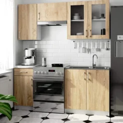 Küchenzeile LIMA 1.8m Modulares Weiß 180 cm 7 Türen 1 Schublade Front Sonoma Eiche 8 Regalböden B180xH203xT44,5 cm