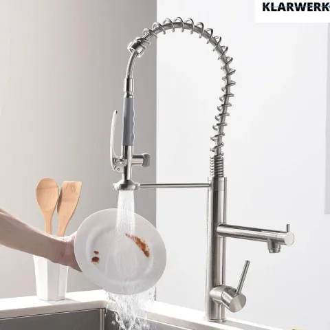 KLARWERK® Ben | Große Gastronomie Küchenarmatur Sillber gebürstet2 Brausen | Profi Edelstahl Wasserhahn Küche 2 Anschlüsse|Doppelspülbecken Restaurant