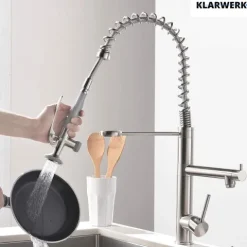 KLARWERK® Ben | Große Gastronomie Küchenarmatur Sillber gebürstet2 Brausen | Profi Edelstahl Wasserhahn Küche 2 Anschlüsse|Doppelspülbecken Restaurant