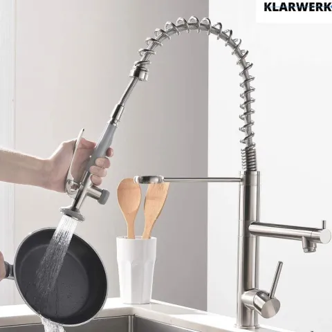 KLARWERK® Ben | Große Gastronomie Küchenarmatur Sillber gebürstet2 Brausen | Profi Edelstahl Wasserhahn Küche 2 Anschlüsse|Doppelspülbecken Restaurant