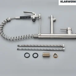 KLARWERK® Ben | Große Gastronomie Küchenarmatur Sillber gebürstet2 Brausen | Profi Edelstahl Wasserhahn Küche 2 Anschlüsse|Doppelspülbecken Restaurant