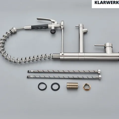 KLARWERK® Ben | Große Gastronomie Küchenarmatur Sillber gebürstet2 Brausen | Profi Edelstahl Wasserhahn Küche 2 Anschlüsse|Doppelspülbecken Restaurant