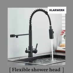 KLARWERK® Bernd | Flex 3-Wege Armatur Edelstahl Schwarz Gastronomie | Filter Wasserhahn Küche mit Feder | Osmose Mischbatterie U-Auslauf 3 Anschlüsse