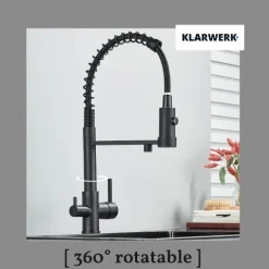 KLARWERK® Bernd | Flex 3-Wege Armatur Edelstahl Schwarz Gastronomie | Filter Wasserhahn Küche mit Feder | Osmose Mischbatterie U-Auslauf 3 Anschlüsse
