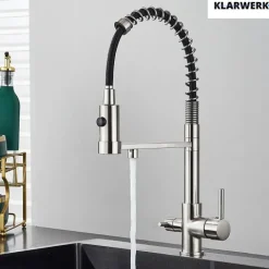 KLARWERK® Bernd | Flex 3-Wege Armatur Edelstahl Schwarz Gastronomie | Filter Wasserhahn Küche mit Feder | Osmose Mischbatterie U-Auslauf 3 Anschlüsse